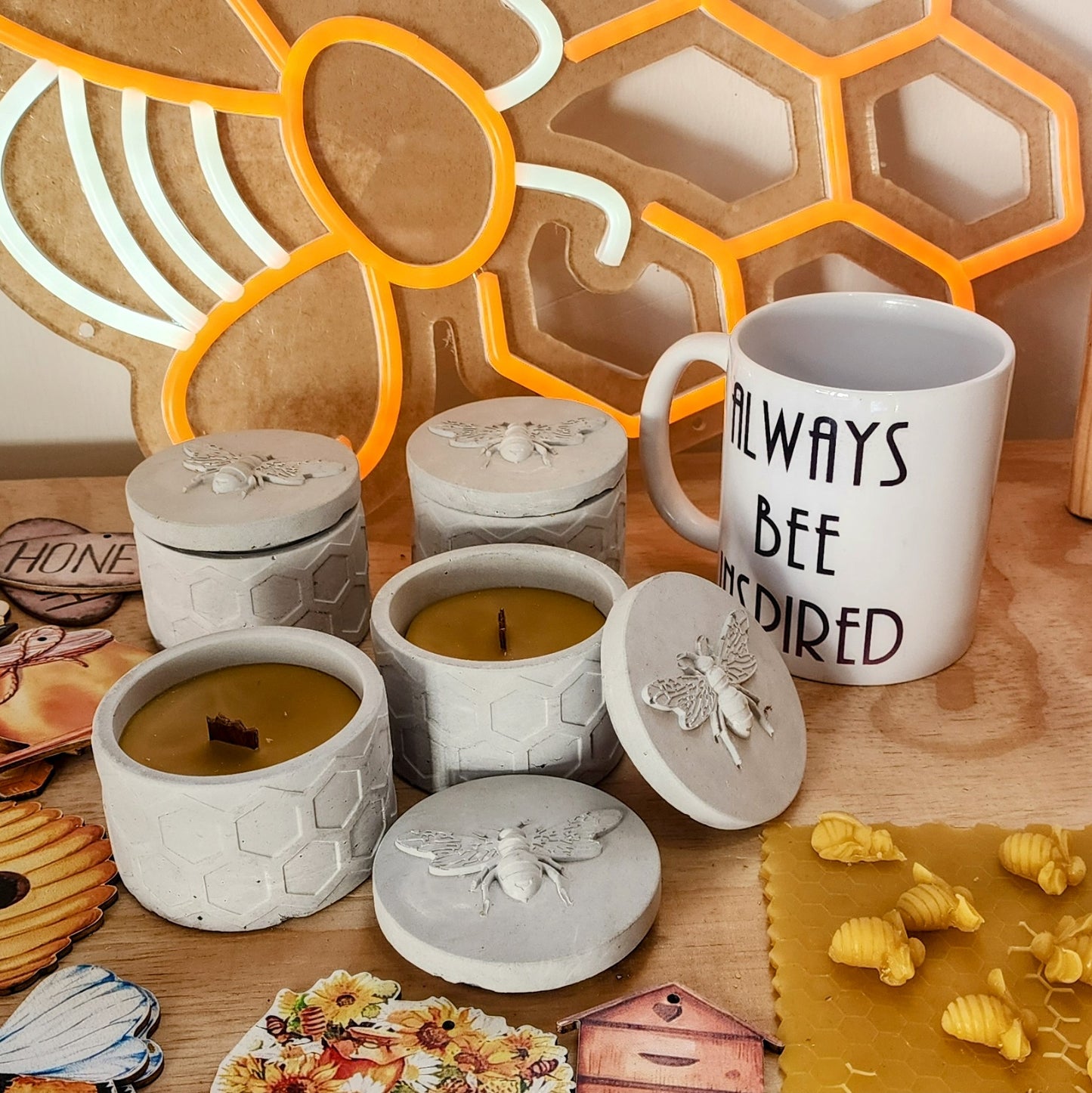 Beeswax candle in cement holder